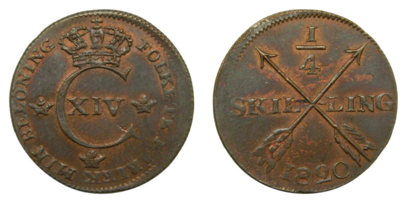 SUECIA / SWEDEN. Karl XIV Johan (1818-44) Estocolmo. 1/4 Skilling. 1820. (KM#595...