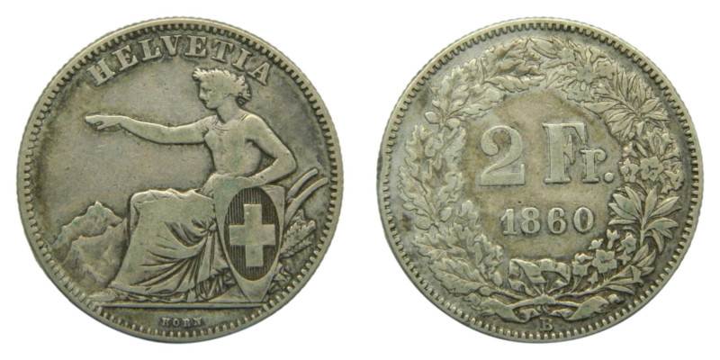 SUIZA / SWITZERLANDA. 1860 B. 2 Franc. (KM#10). HELVETIA 9,9 gr AR. Switzerland ...