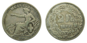 SUIZA / SWITZERLANDA. 1860 B. 2 Franc. (KM#10). HELVETIA 9,9 gr AR. Switzerland Swiss Confederatio.
BC