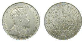 STRAITS SETTLEMENTS. Asentamientos del estrecho de Asia. Edward VII. 1908. 1 Dólar. (KM#26). 20,20 gr. AR.
EBC-