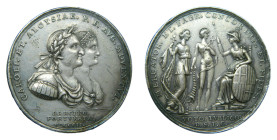 Medalla 1802. Visita de Carlos IV y Mª Luisa a Barcelona. Anv: CAROLI.ET.ALOYSIAE.PFAVG.ADVENTVS. BARCINO.FORTVNATA MDCCCII. Rev: MERCATOR.ET.FABR.CON...