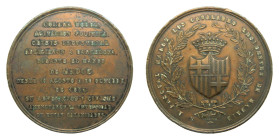 Medalla. 1854 . A. Pascual Madoz los catalanes residentes en Madrid. Anv: Escudo coronado entre laureles. AE. Ø 61 mm. Grabador: Carrasco. Escasa. Cru...