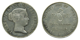 Medalla. Isabel II 1862 17 de septiembre. Vistia de la Reina a Sevilla . Ø 23 mm. AR. Golpecitos.
MBC