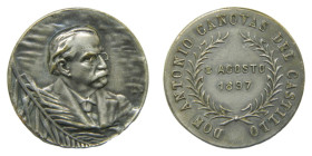Medalla 1897. Antonio Cánovas del Castillo. 8 de agosto. Bronce plateado. Anilla quitada. Ø 23 mm.
EBC