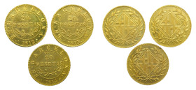 1973. Lote 3 medallas reacuñación. 20 Pesetas 1812 1813 y 1814 Barcelona. Serie de sólo 300 unidades numeradas (046). Peso 6,22, 6,30 6,45 gr AU.
SC...