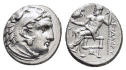 KINGS of MACEDON. Alexander III The Great.(336-323 BC).Sardes.Drachm.

Obv : Head of Herakles right, wearing lion skin.

Rev : AΛΕΞΑΝΔΡΥ (sic). Zeus s...