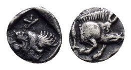 MYSIA.Kyzikos.(Circa 450-400 BC).Obol.

Obv : Forepart of boar left, tunny upward to right.

Rev : Head of roaring lion left, retrograde K to upper le...