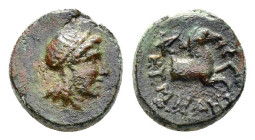 IONIA. Kolophon.(Circa 285-190 BC).Ae.

Obv : Laureate head of Apollo right.

Rev : KOΛ AΓAMHΔHΣ.
Forepart of horse right.
SNG Copenhagen 175.

Condit...