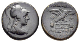 PHRYGIA. Apameia.(Circa 88-40 BC). Ae.

Obv : Helmeted bust of Athena right, wearing aegis.

Rev : AΠAMEΩN ANΔPONIKOY AΛKIOY.
Eagle landing right on m...