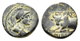 CARIA. Stratonikeia. (Circa 2nd-1st centuries BC).Ae.

Obv : Helmeted head right.

Rev : Forepart of bull left.

Condition : Good very fine. 

Weight ...