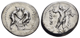 PAMPHYLIA. Aspendos. (Circa 330/25-300/250 BC).Stater.

Obv : Two wrestlers grappling; E between.

Rev : EΣTFEΔIY.
Slinger in throwing stance right; t...