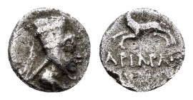 KINGS of CAPPADOCIA. Ariarathes VI Epiphanes Philopator.(130-116 BC). Obol.

Obv : Head right, wearing tiara.

Rev : APIAPAΘ.
Horse galloping left.
Si...