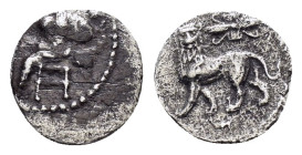 CILICIA. Myriandros. Mazaios. Satrap of Cilicia.(361/0-334 BC). Obol.

Obv : Baaltars seated left, holding lotus-tipped scepter.

Rev : Lion standing ...