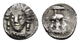 CILICIA. Uncertain. (4th century BC).Obol.

Obv : Head of female facing slightly left.

Rev : Facing head of Bes.
Göktürk 44; SNG BN 486; SNG Levante ...