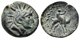 MESOPOTAMIA.Uncertain.(2nd-1st century BC).Ae.

Obv : Radiate head of sun god Shamash right.

Rev : Man on camel right; all within wreath.
Slocum...