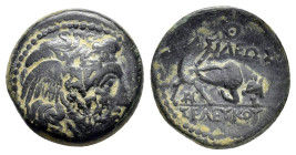 SELEUKID KINGS of SYRIA.Seleukos I Nikator.(312-281 BC).Sardes. Ae.

Obv : Winged head of Medusa right.

Rev : BAΣIΛEΩΣ / ΣΕΛΕΥΚOY.
Bull butting right...