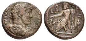 EGYPT. Alexandria. Hadrian.(117-138). Ae.

Obv : ΑΥΤ ΚΑΙ - ΤΡΑΙ ΑΔΡΙΑ ϹƐΒ.
Laureate draped and cuirassed bust.

Rev : L ΙϚ.
Sarapis seated, left...
