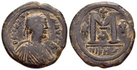 JUSTIN I & JUSTINIAN I.(527).Nicomedia.Follis. 

Obv : Diademed, draped and cuirassed bust of Justin right.

Rev : Large M; star to left, cross above ...