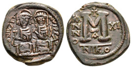 JUSTIN II and SOPHIA.(565-578).Nicomedia.Follis.

Obv : D N IVSTINVS P P AVG.
Justin II on left, Sophia on right, seated facing on double-throne, both...