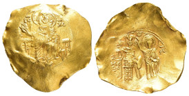 JOHN II COMNENUS.(1118-1143).Thessalonica.Hyperpyron.

Obv : + KЄ ROHΘЄI / IC - XC.
Christ Pantokrator seated facing on throne.

Rev : +Iω ΔECΠOTH / Θ...