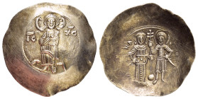 MANUEL I COMNENUS.(1143-1180).Constantinople. EL Aspron Trachy.

Obv : IC - XC.
Christ Pantokrator standing facing on daïs; star to left and right.

R...