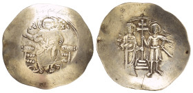 MANUEL I COMNENUS.(1143-1180).Constantinople.EL Aspron Trachy. 

Obv: IC - XC.
Christ Pantokrator seated facing on throne.

Rev: Manuel and the Virgin...