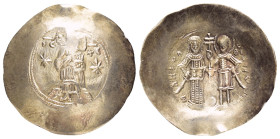 MANUEL I COMNENUS.(1143-1180).Constantinople. EL Aspron Trachy.

Obv : IC XC.
Christ Pantokrator standing facing on daïs.

Rev : Manuel and St. Theodo...