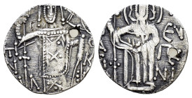 EMPIRE OF TREBIZOND. Manuel I Comnenus.(1238-1263). Asper.

Obv : St. Eugenius standing facing, holding long cross.

Rev : Manuel standing facing, hol...