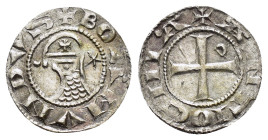 CRUSADERS.Antioch.Bohemund III.(1163-1201).BI Denier.

Obv : +BOAMVNDVS.
Profile bust with star right.

Rev : +ANTIOCHIA.
Small cross with crescent in...