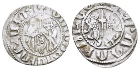 CILICIAN ARMENIA.Levon I.(1198-1219).Coronation issue.Tram.

Obv : ԼԵՒՈՆ ԹԱԳԱՒՈՐ ՀԱՅՈՑ.
The Virgin, nimbate and orans , standing facing, receiving Lev...