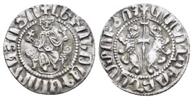 ARMENIA. Levon II.(1270-1289).Sis.New Tram.

Obv : Levon, with head facing and holding lis-tipped sceptre, on horse prancing right; star to left, cres...