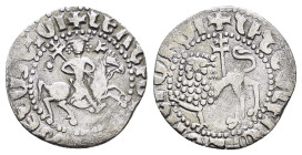 CILICIAN ARMENIA.Levon II.(1270-1289).Sis.Tram.

Obv : Levon on horseback; holds patriarchal cross, + in field, Armenian legend.

Rev : Crowned lion f...