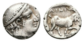 Thrace, Ainos. AR Diobol, 1.25 g 11.08 mm. Circa 408-406 BC. 
Obv: Head of Hermes right wearing petasos.
Rev: AINI, Goat standing right; crab below ra...