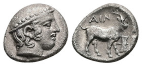 Thrace, Ainos. AR Tetrobol, 2.53 g 14.90 mm. Circa 408-406 BC.
Obv: Head of Hermes right wearing petasos.
Rev: AIN,Goat standing right; double axe b...