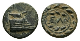Thrace, Elaious. Ae, 1.27 g 11.01 mm. Circa 4th-3rd centuries BC.
Obv: Prow right.
Rev: ΕΛΑ within wreath with tying to right.
Ref: SNG Copenhagen 889...