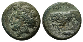 Thrace, Kardia. Ae, 7.11 g 19.59 mm. Circa 350-309 BC.
Obv: Wreathed head of Persephone left, wearing earring and necklace.
Rev: KAPΔIA, Lion standing...