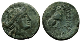 Thrace, Lysimacheia. Ae, 4.01 g 18.70 mm. Circa 309-220 BC. 
Obv: Turreted and laureate head of Tyche or Kybele to right. 
Rev: ΛΥΣΙ-ΜΑΧΕΩΝ around, ΘΕ...