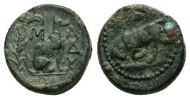 Thrace, Madytos. Ae, 4.53 g 16.08 mm. Circa 350 BC.
Obv.: Bull butting left; above, grain ear. Dotted border.
Rev.: Μ-ΑΔΥ; Dog seated right; behind,...