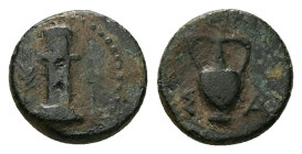 Thrace, Sestos. AE, 1.45 g - 11.51 mm. Circa 300 BC.
Obv: Herm facing; grain ear to left, kerykeion to right.
Rev: Σ - A. Amphora.
Ref: Klein 104; ...