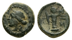 Thrace, Sestos. AE, 2.48 g - 12.47 mm. c. 400-350 BC.
Obv: Female head left.
Rev: ΣΗΣ, Herm; grain ear and Γ to left.
Ref: HGC 3.2, 1654.
Fine / V...