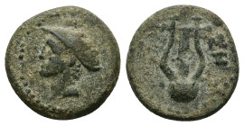 Thrace, Sestos. Ae, 3.38 g 16.84 mm. Circa 150-100 BC.
Obv.: Head of Hermes left, wearing petasos. Dotted border.
Rev.: ΣΗ; Lyre. Dotted border.
Ref: ...