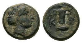 Kings of Thrace. Kersebleptes. Ae, 2.00 g 12.46 mm. Circa 359-342/1 BC. Kypsela.
Obv: Female head right, wearing sphendone.
Rev: K - E – P, Kotyle (Tw...