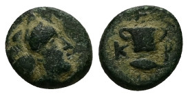 Kings of Thrace. Kersobleptes. Ae, 1.91 g 12.44 mm. Circa 359-342 BC.
Obv.: Female head right, wearing sphendone.
Rev.: Κ-Ε-P; Two-handled cup; below,...