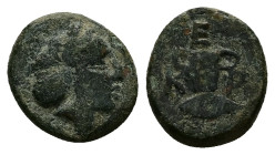 Kings of Thrace. Kersobleptes. Ae, 2.07 g 13.46 mm. Circa 359-342 BC.
Obv.: Female head right, wearing sphendone.
Rev.: Κ-Ε-P; Two-handled cup; below,...