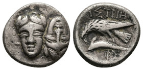 Moesia. Istros. AR Drachm,5.27 g 18.52 mm. 4th Century BC.
Obv: Facing male heads, the left inverted.
Rev: ΙΣΤΡΙΗ,Sea eagle right, grasping dolphin wi...