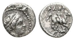 Kings of Thrace. Lysimachos, as satrap. 1/10 Tetradrachm, 1.08 g 10.31 mm. 323-305 BC. 
Obv: Head of Apollo to right, wearing tainia. 
Rev: AΛE, Youth...
