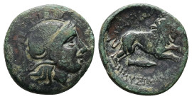 Kings of Thrace, (Macedonian). Lysimachos, Ae. 4.09 g 19.44 mm. Lysimacheia, 305-281 BC.
Obv: Helmeted head of Athena right.
Obv: ΒΑΣΙΛΕΩΣ / ΛΥΣΙΜΑΧΟΥ...