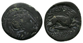 Kings of Thrace(Macedonian). Lysimachos. Ae, 4.52 g 20.26 mm. Circa 305-281 BC.
Obv.: Head of Athena right, wearing Attic helmet.
Rev.: ΒΑΣΙΛΕΩΣ ΛΥΣΙΜ...