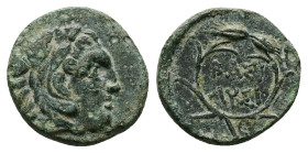 Kings of Thrace (Macedonian). Lysimachos. Ae. 2.21 g. 14.82 mm. 305-281 BC. 
Obv: Head of Herakles right, wearing lion skin.
Rev: BAΣI / ΛYΣI, Legend ...