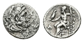 Kings of Macedon, Alexander III 'the Great'. AR Obol. 0.67 g. 9.73 mm. 336-323 BC. Uncertain mint. (Babylon?)
Obv: Head of Herakles right, wearing lio...